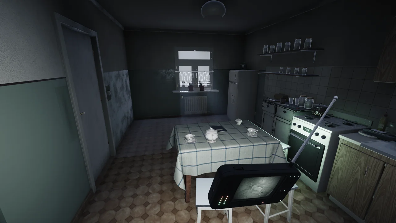 The dark kitchen: a checked tablecloth, the cooker and a curtained window, with the HUSH-1 glowing in the player&rsquo;s hand.