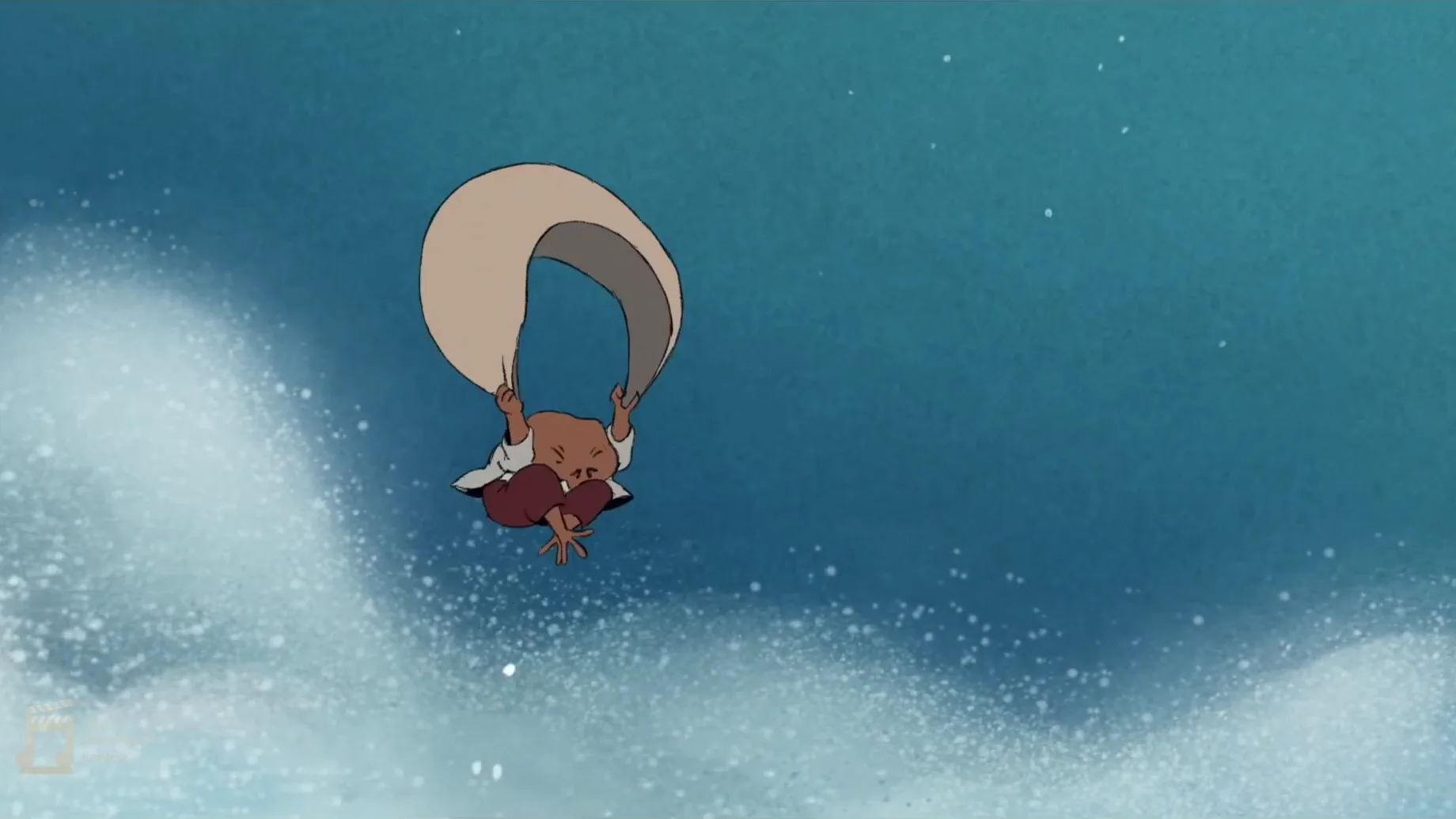 Walter holding his hat above his head as he floats over a cloud of seeds in the night sky