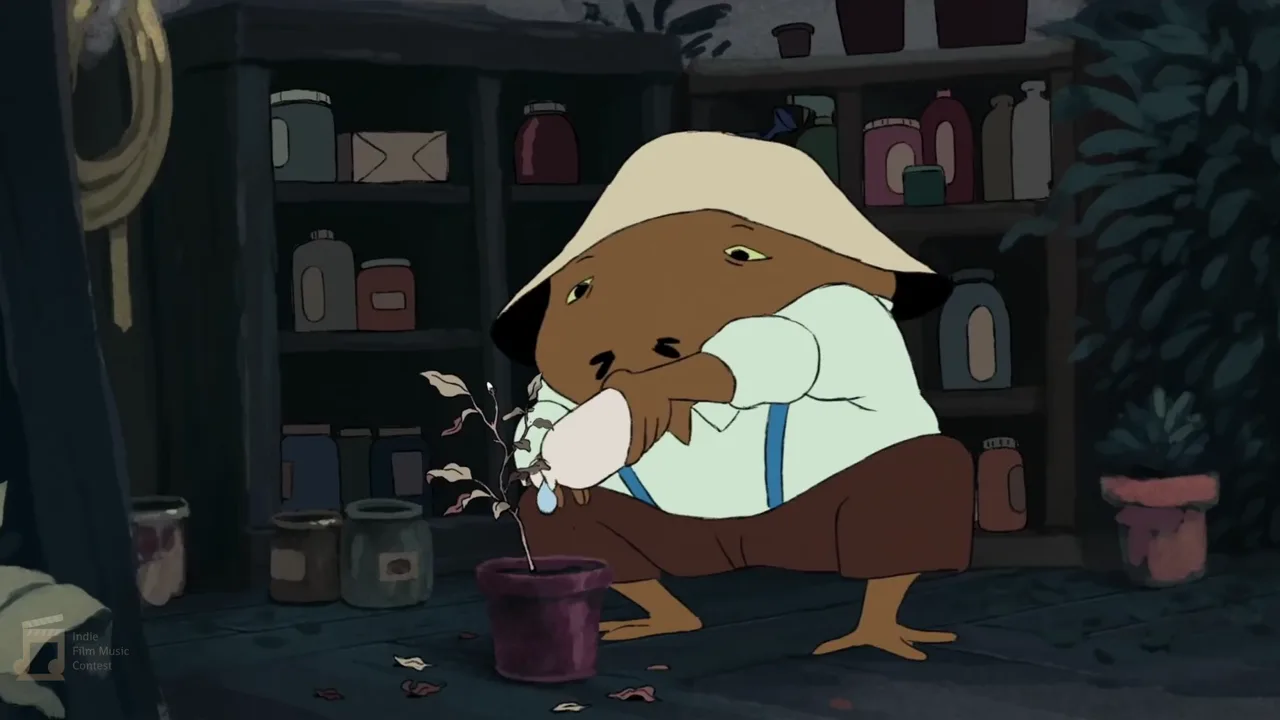 Walter crouching in his shed, watering a bare plant in a pot with its fallen leaves around it