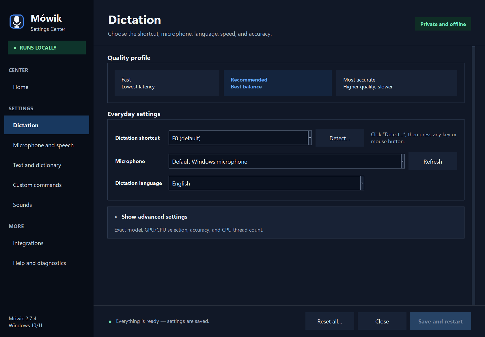 M&oacute;wik dictation settings in English: quality profiles, shortcut with the Detect button, microphone, language and a collapsed advanced section