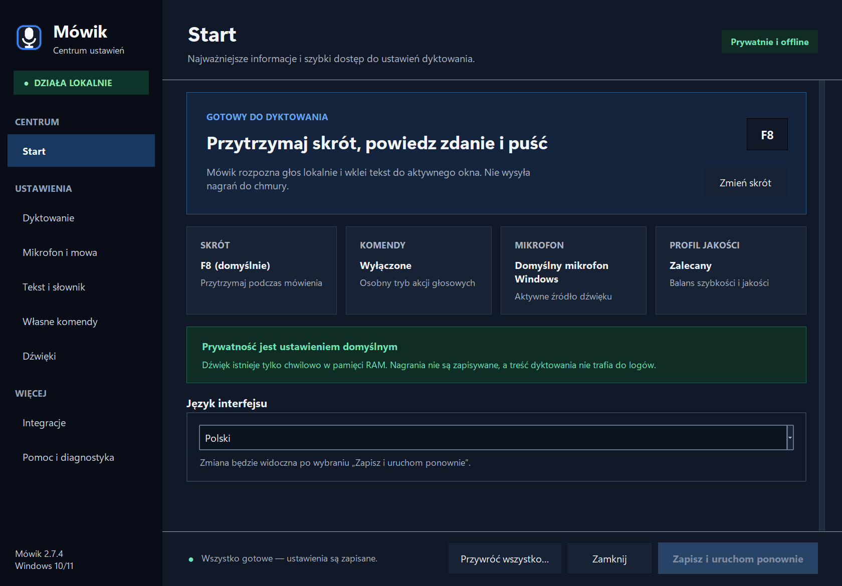 M&oacute;wik Center in Polish: the home page with the F8 dictation shortcut, command mode, microphone and quality profile