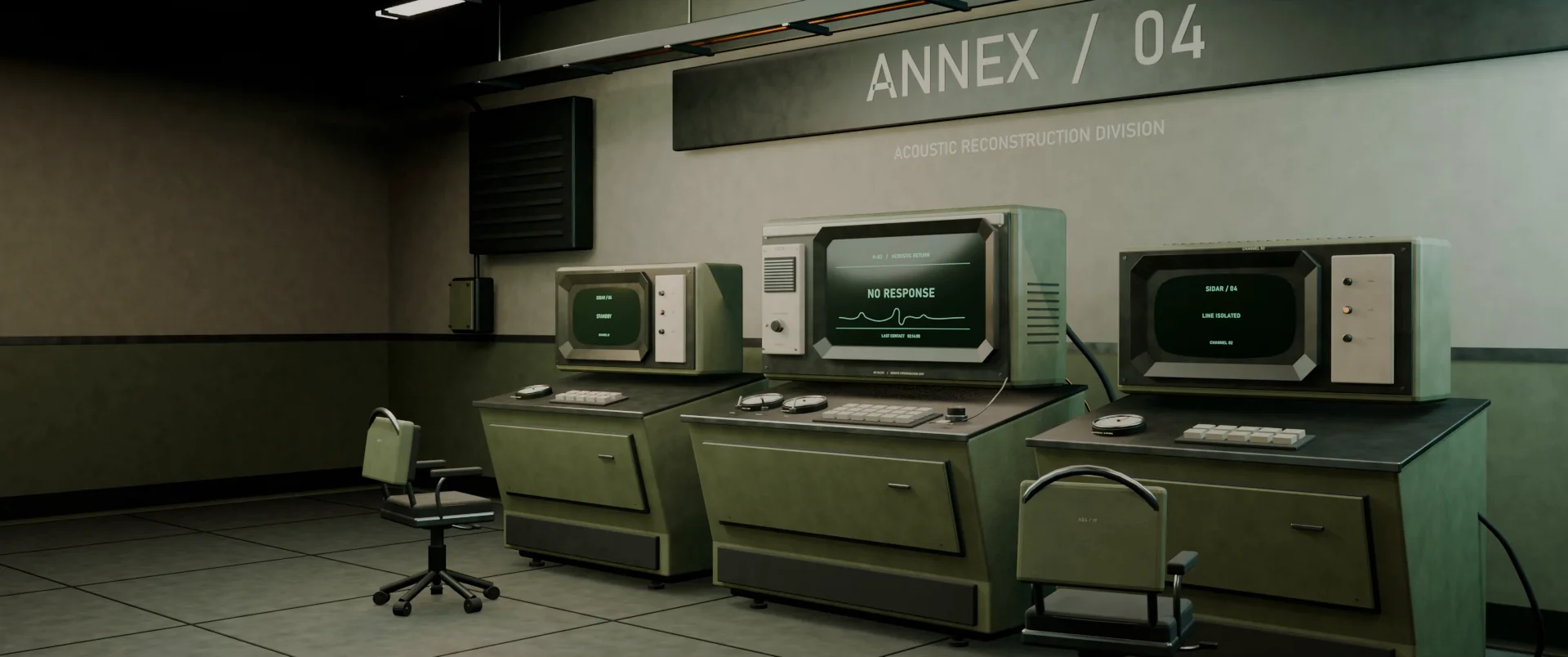 The Annex04 room in the teaser: three green terminal desks under the sign ANNEX / 04, Acoustic Reconstruction Division, the middle screen reading NO RESPONSE