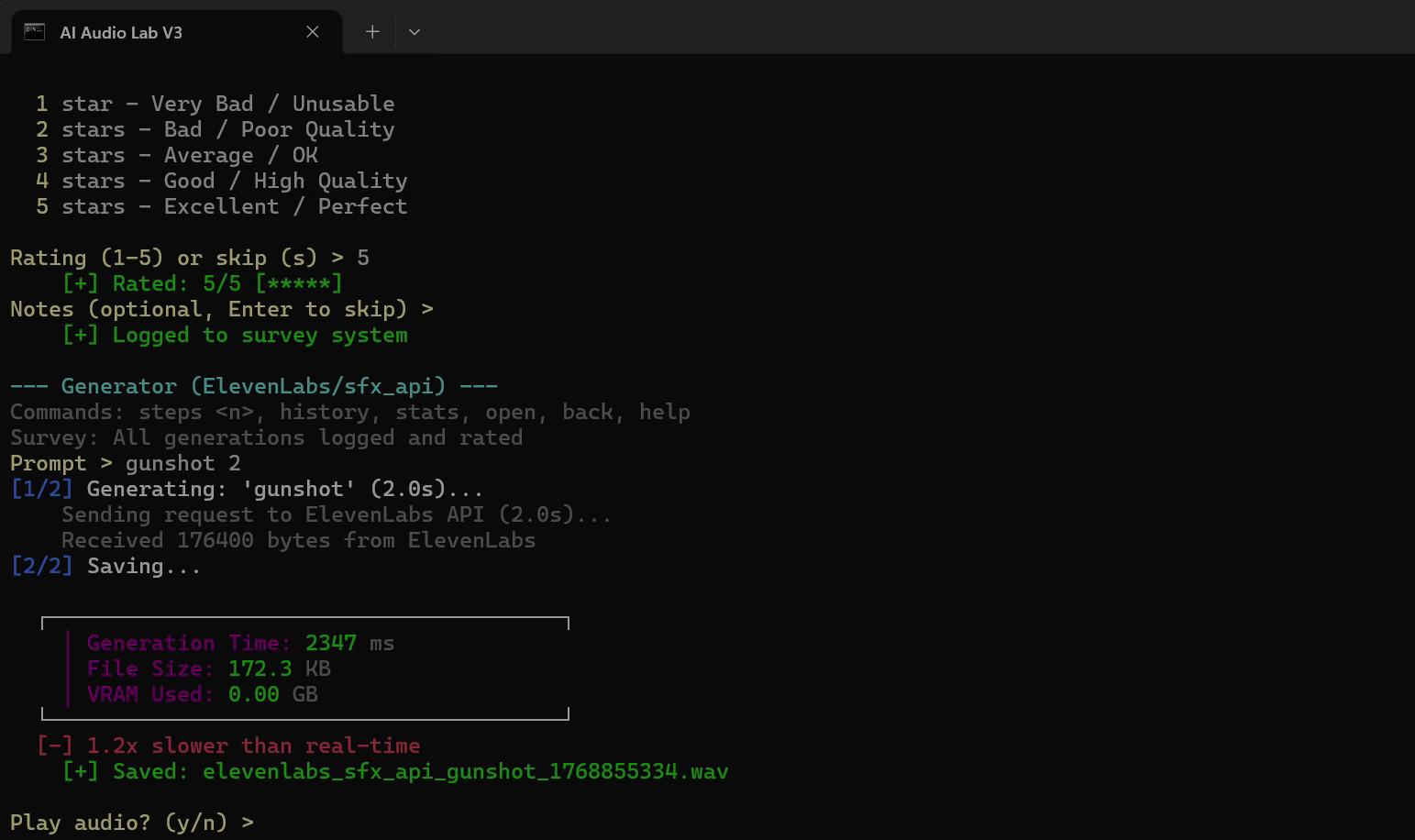 The generation tool printing a generation time of 2347 milliseconds, the file it saved, and a note that this is 1.2 times slower than real time