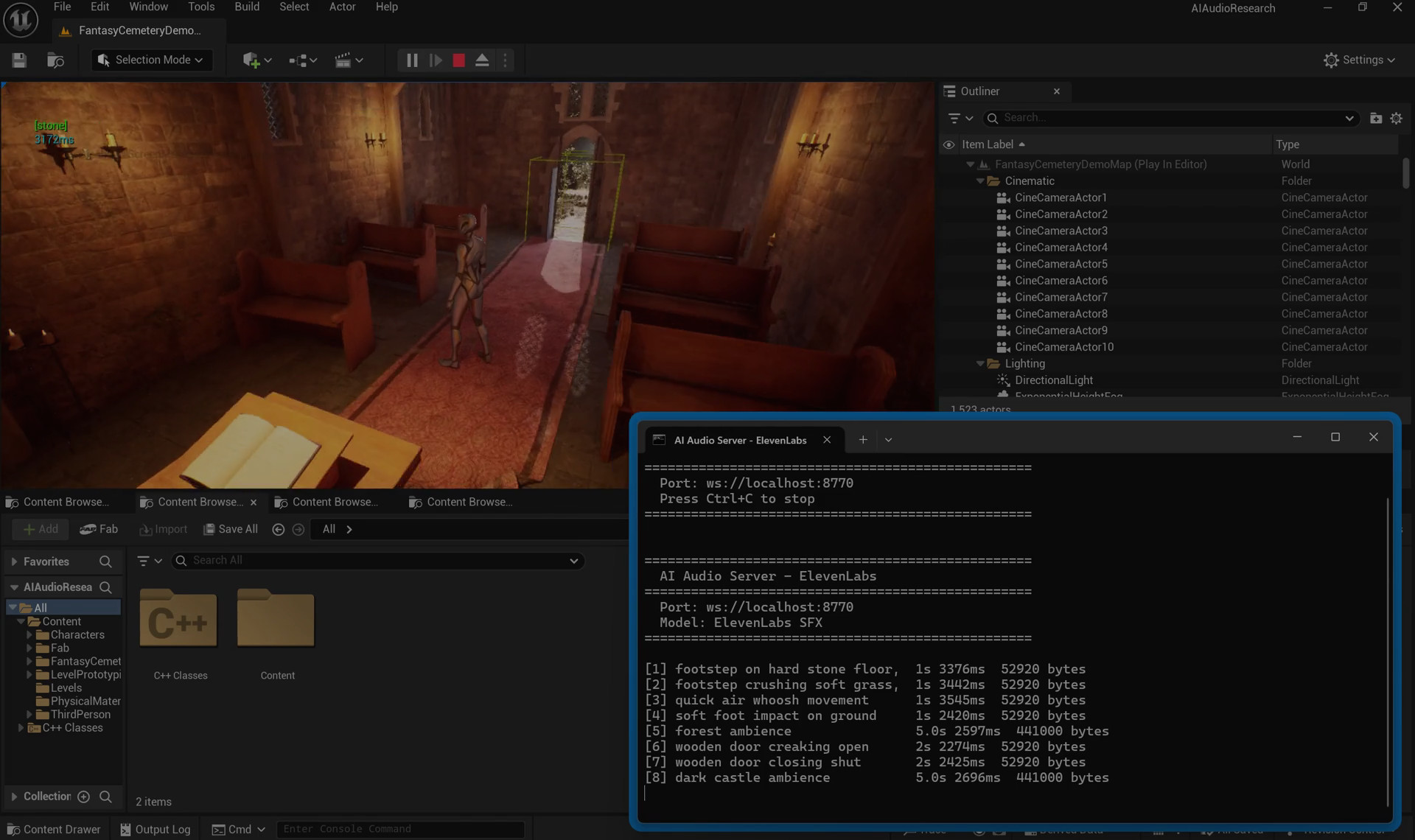 The demo level running in the Unreal editor, the character inside a candlelit chapel, with the audio server console beside it listing eight generated sounds