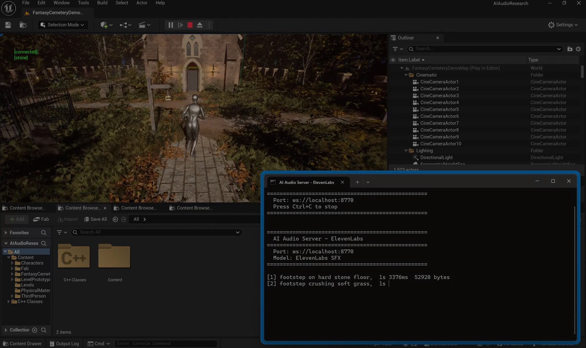The character running towards the chapel while the server console prints its first two footstep requests