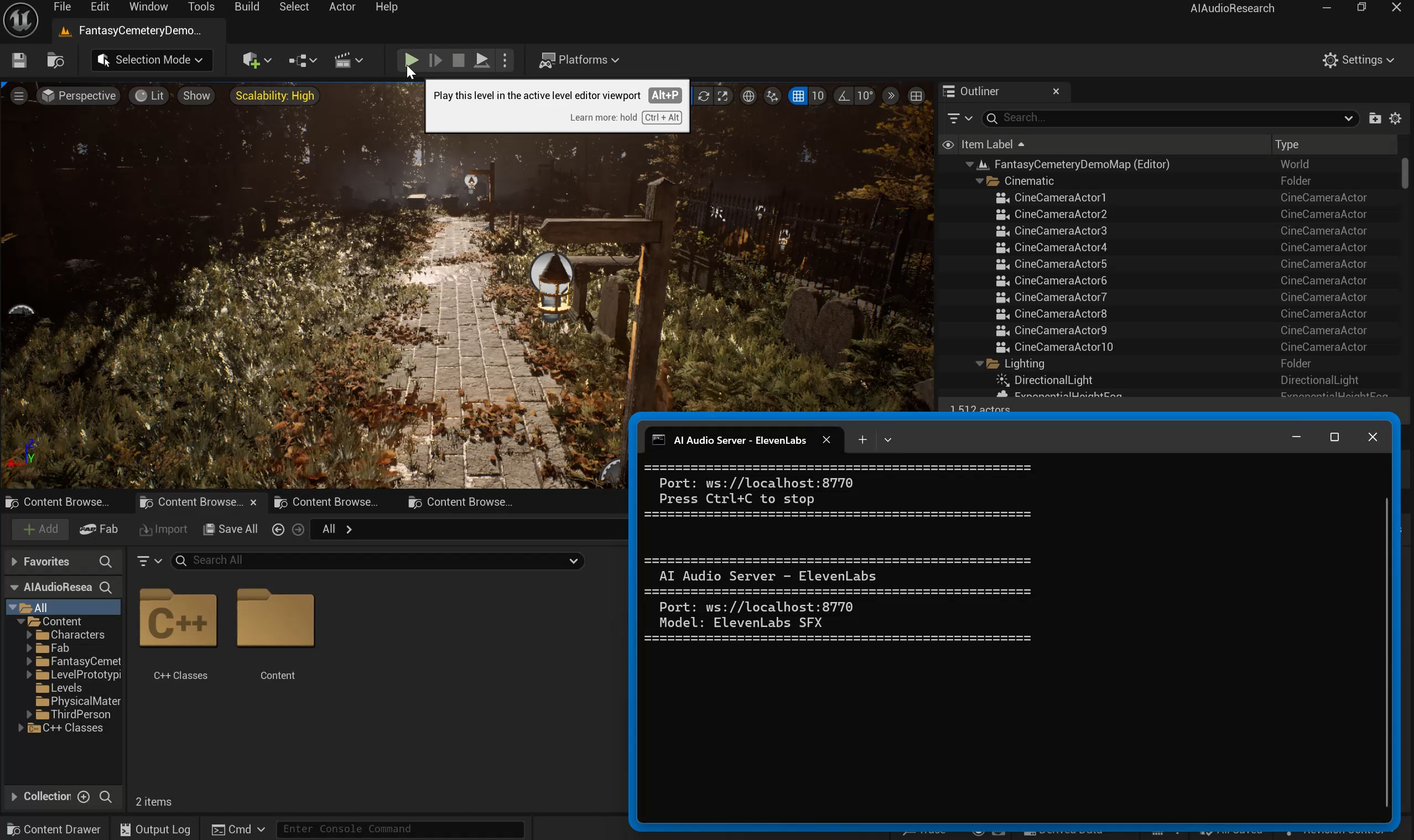Unreal Engine AI audio prototype with Python audio server running