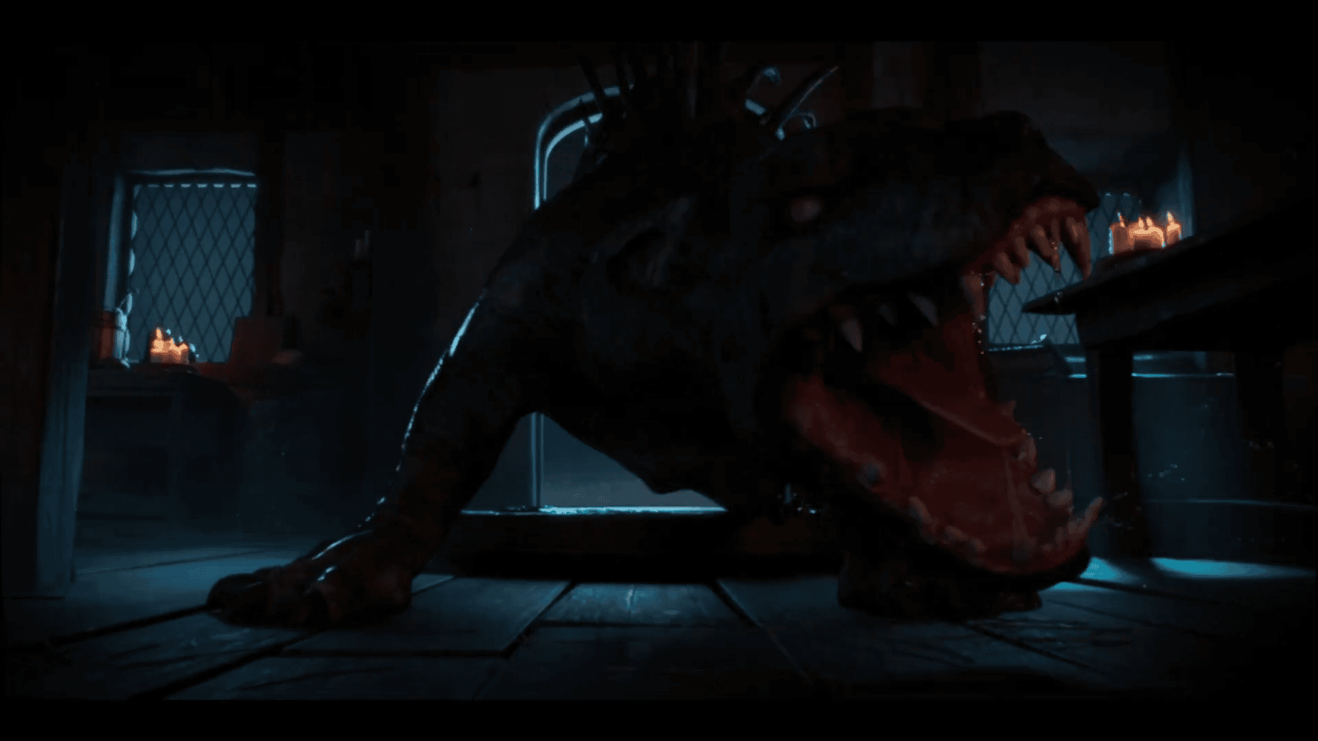 The creature crouched in a candlelit room with its jaws wide open