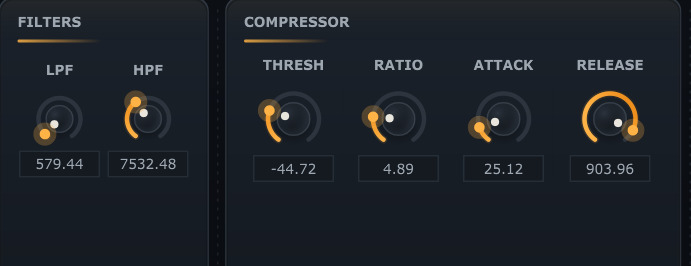 The filters panel with low and high pass knobs, beside the compressor panel with threshold, ratio, attack and release