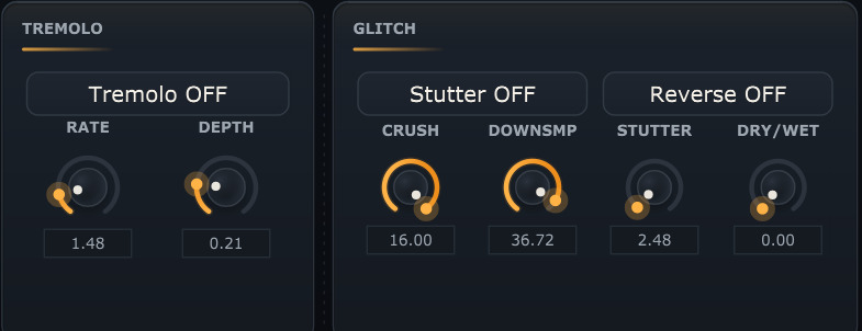The tremolo panel with rate and depth, beside the glitch panel with crush, downsample, stutter and dry / wet knobs