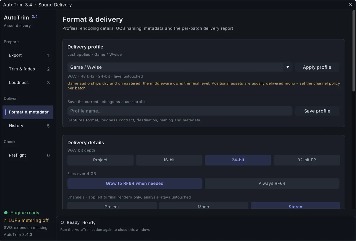 AutoTrim Exporter 3.4.3, Format & delivery page: the Game / Wwise profile, WAV bit depth and channels