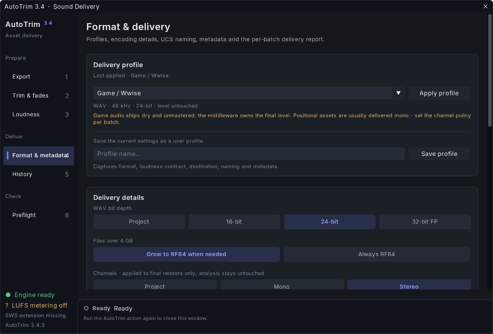 AutoTrim Exporter 3.4.3 Format and delivery screen with profiles, WAV format and channel controls