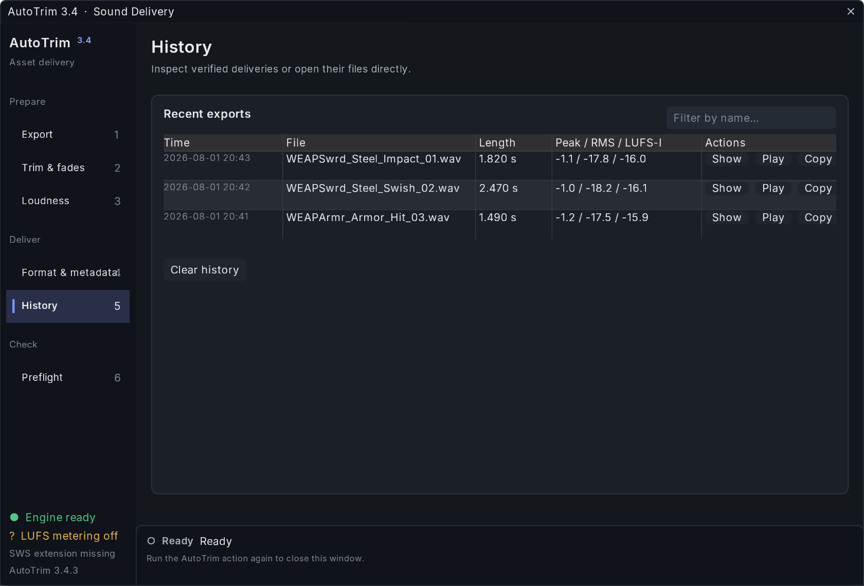 AutoTrim Exporter 3.4.3 History screen with verified files, lengths, loudness measurements and file actions