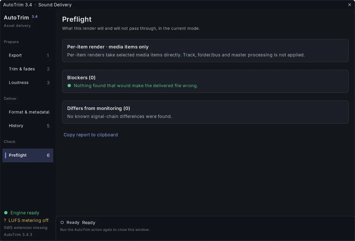 AutoTrim Exporter 3.4.3, Preflight page: per-item render mode, no blockers and no differences from monitoring