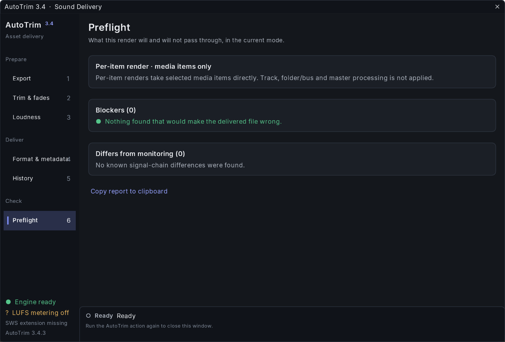 AutoTrim Exporter 3.4.3 Preflight screen showing the render mode, blockers and monitoring differences