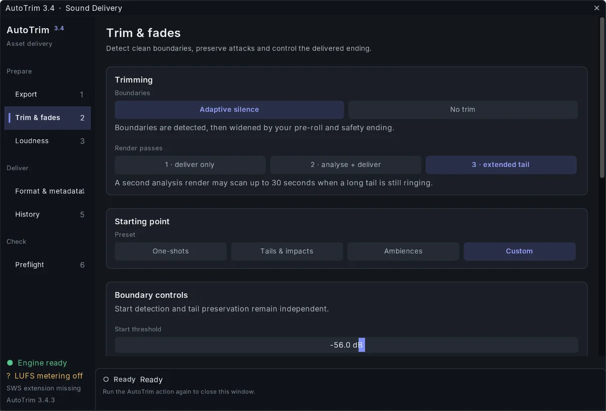 AutoTrim Exporter 3.4.3, Trim & fades page: adaptive silence, three render passes, presets and the start threshold