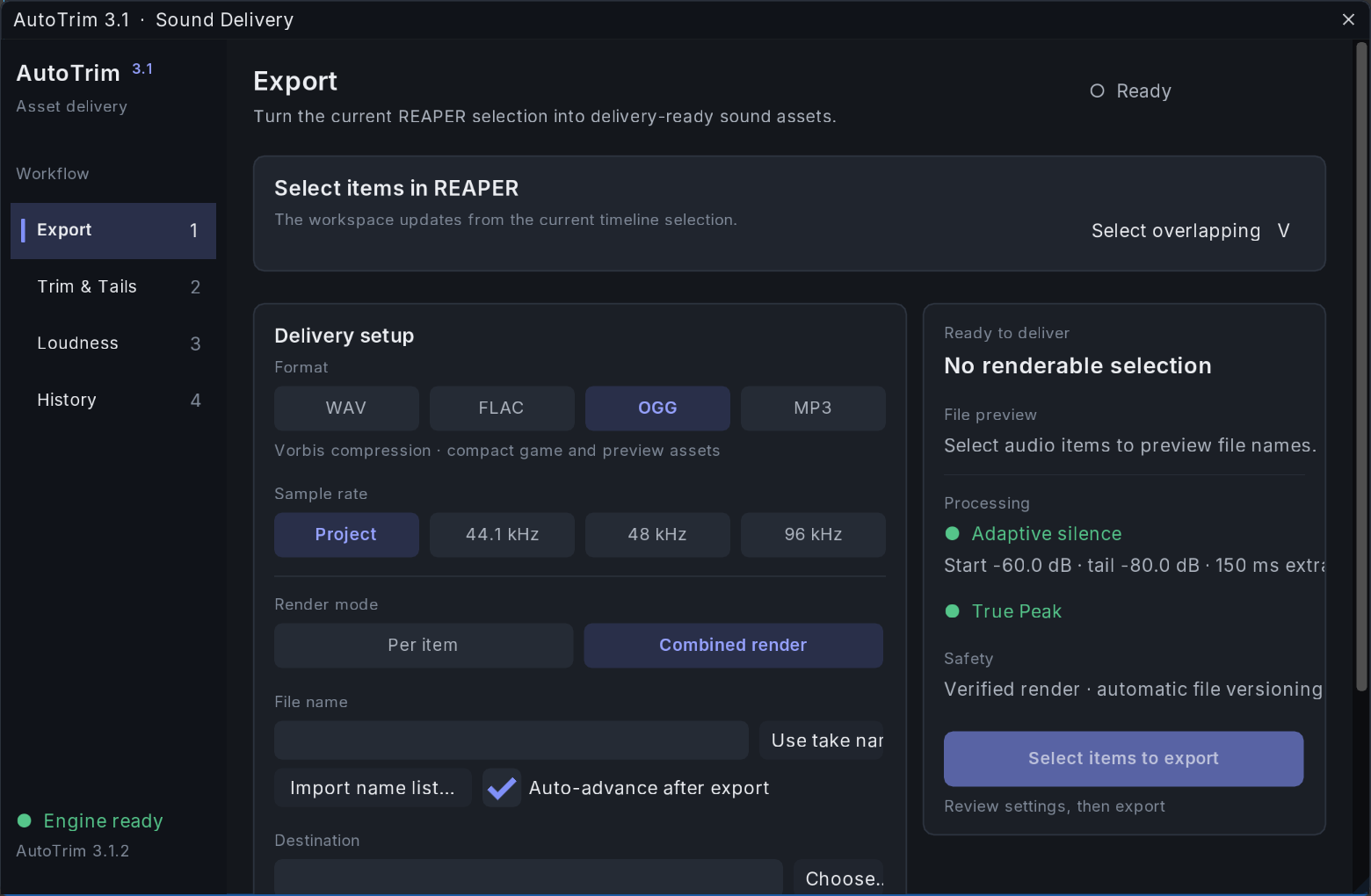 AutoTrim Exporter Export screen with output format, sample rate, render mode and naming controls