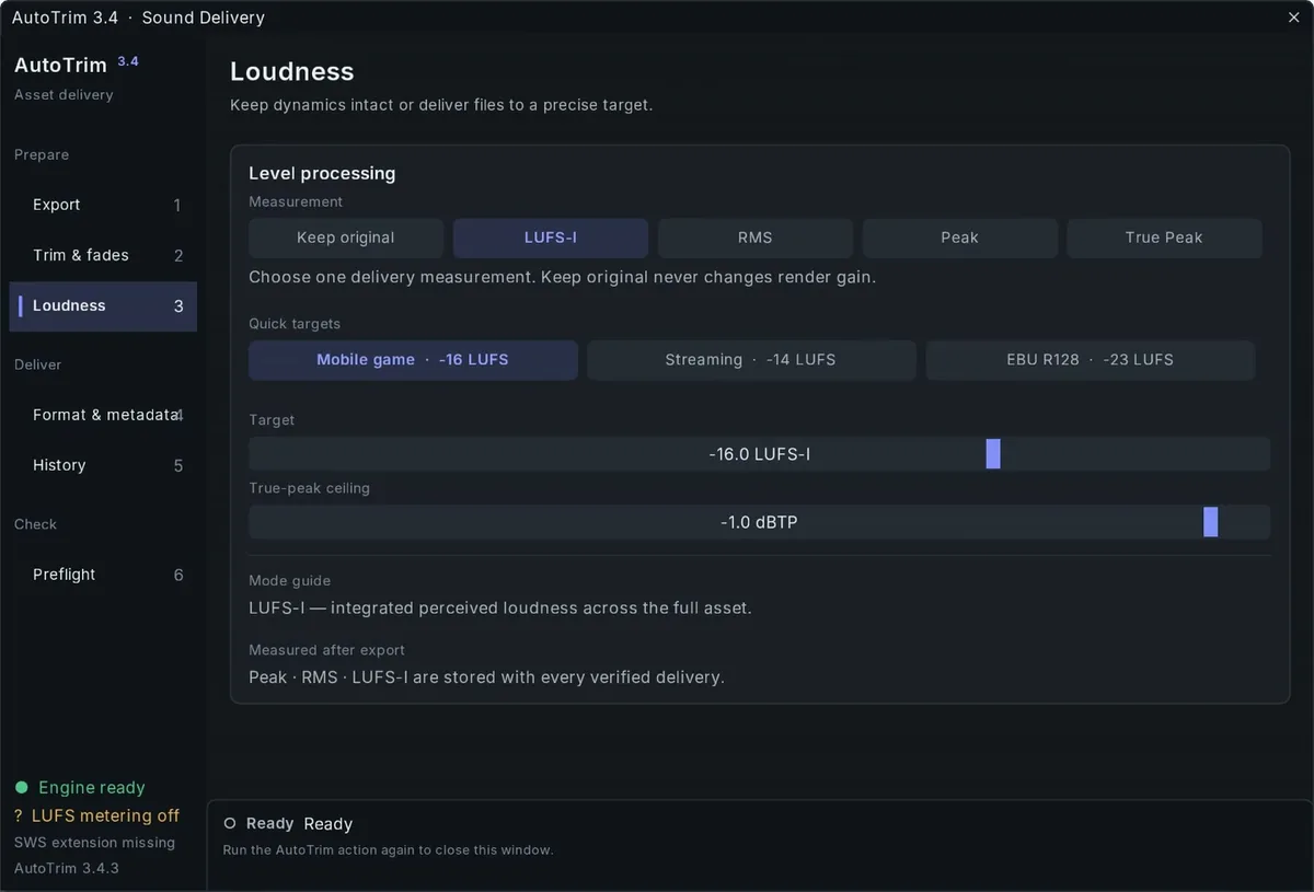 AutoTrim Exporter 3.4.3, Loudness page: LUFS‑I measurement, quick targets and the true-peak ceiling