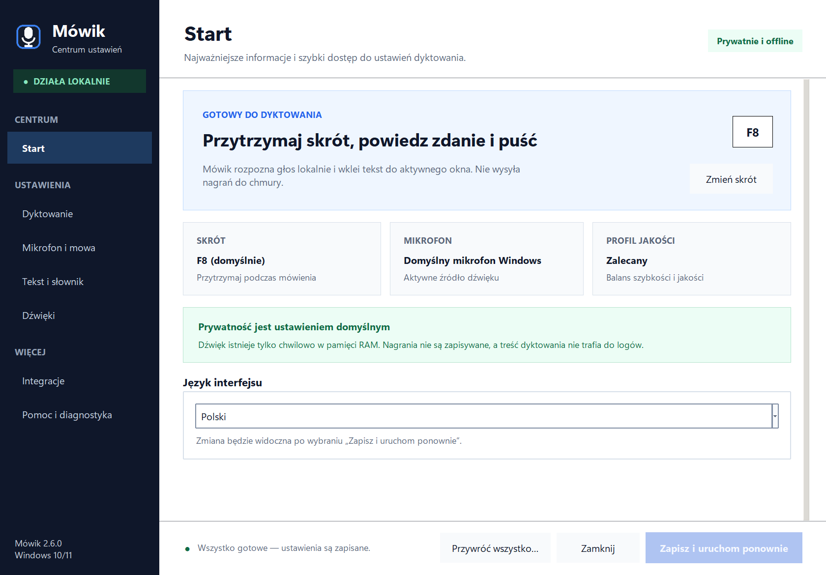 Mówik Center in Polish with shortcut, microphone, language and quality settings