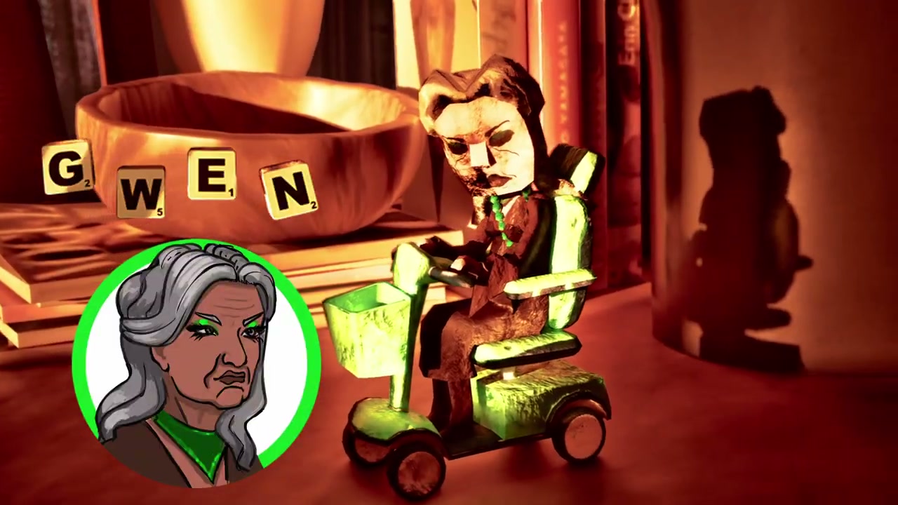 A granny on a green mobility scooter, her name spelled in Scrabble tiles beside her and her drawn portrait in a circle