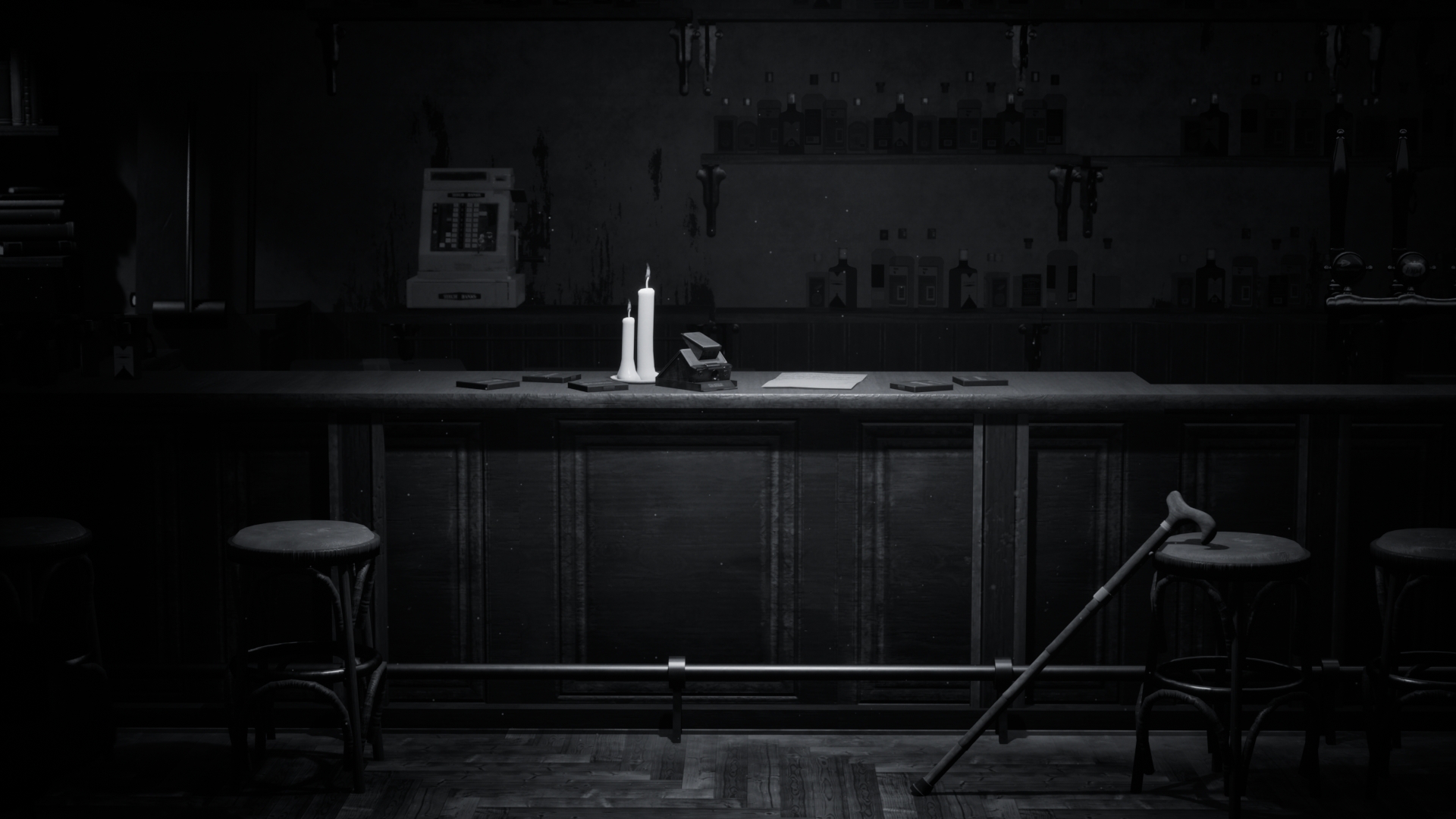 Shadow Frames - bar counter with candles and walking cane