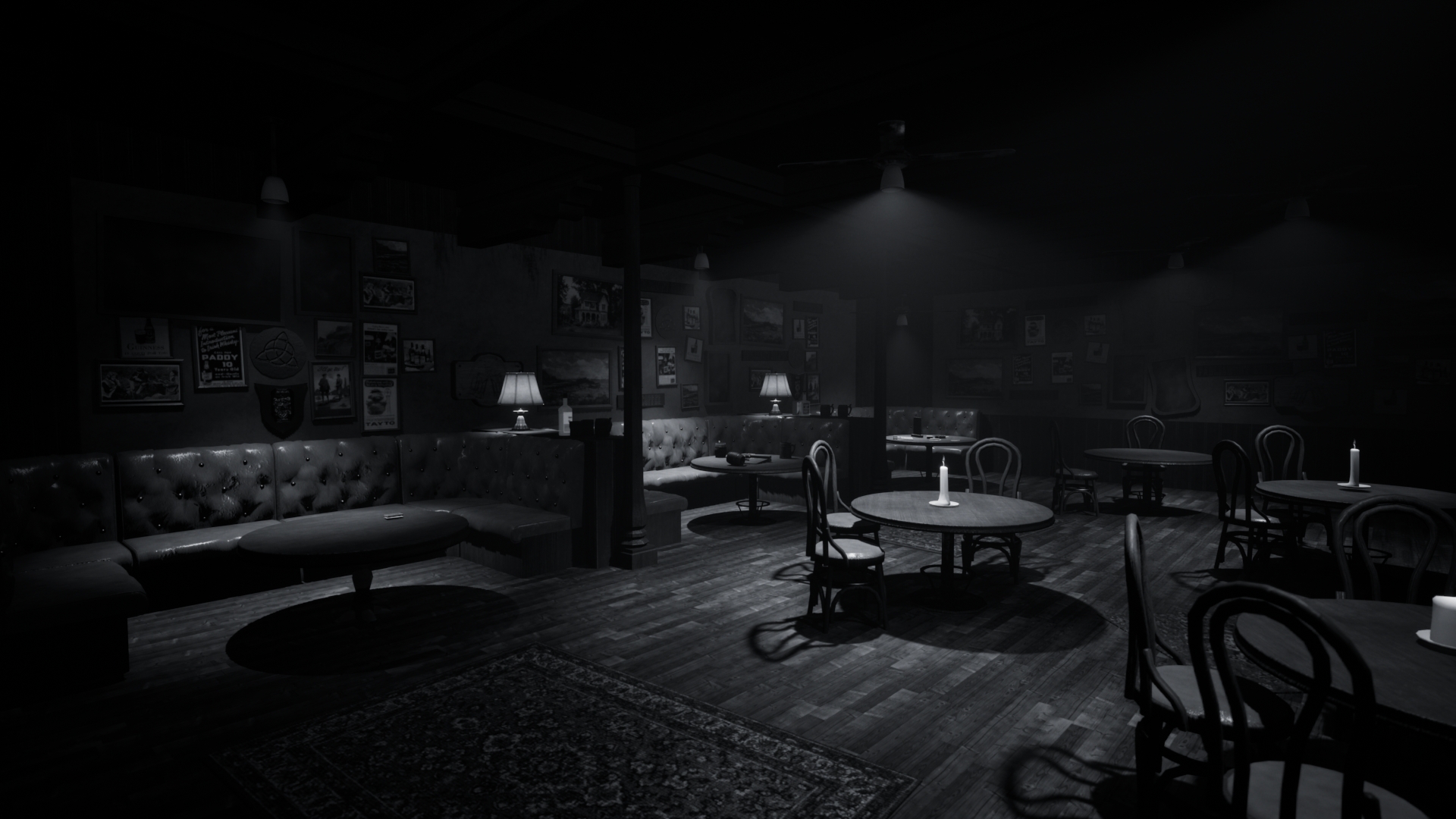 Shadow Frames - pub seating area with leather booths and candles