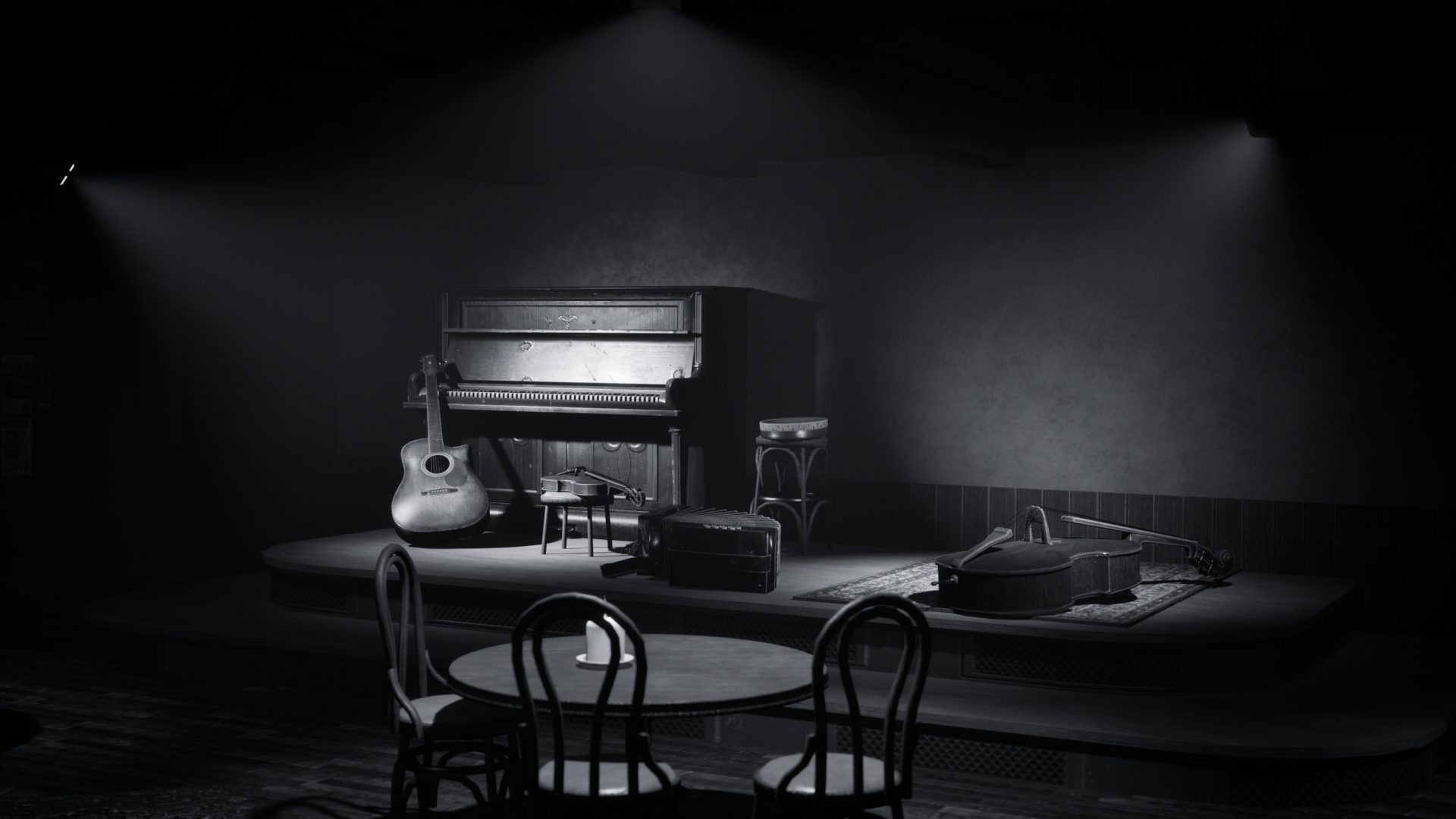 Shadow Frames - pub stage with piano, guitar, and instruments