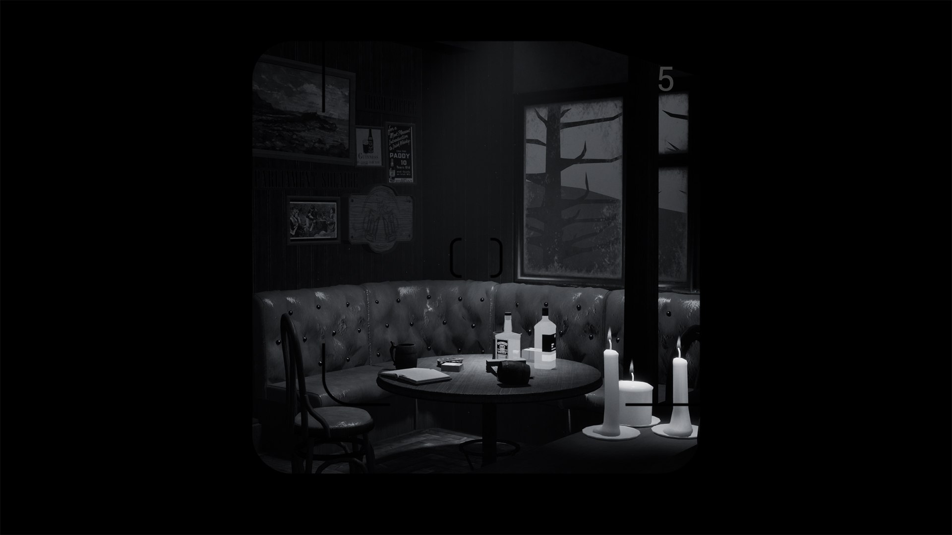 The view through the Polaroid: a rounded viewfinder over a lit table of bottles and candles, with the shot counter in the corner