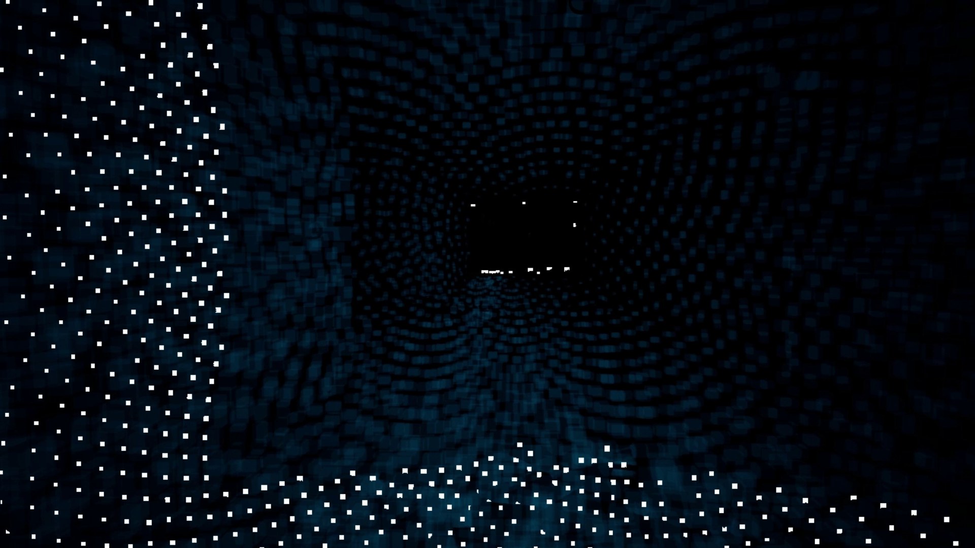 White points spreading across the walls, floor and ceiling of a dark room