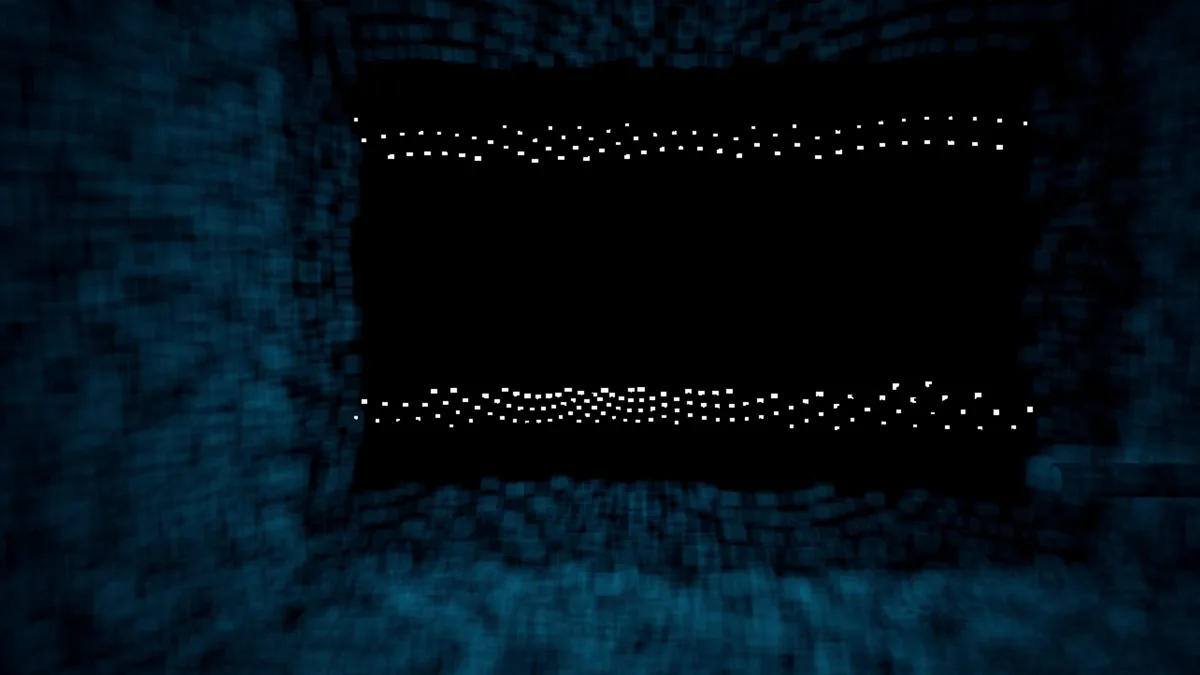 A dark room drawn in blue scan points, with two lines of white points along its ceiling and floor