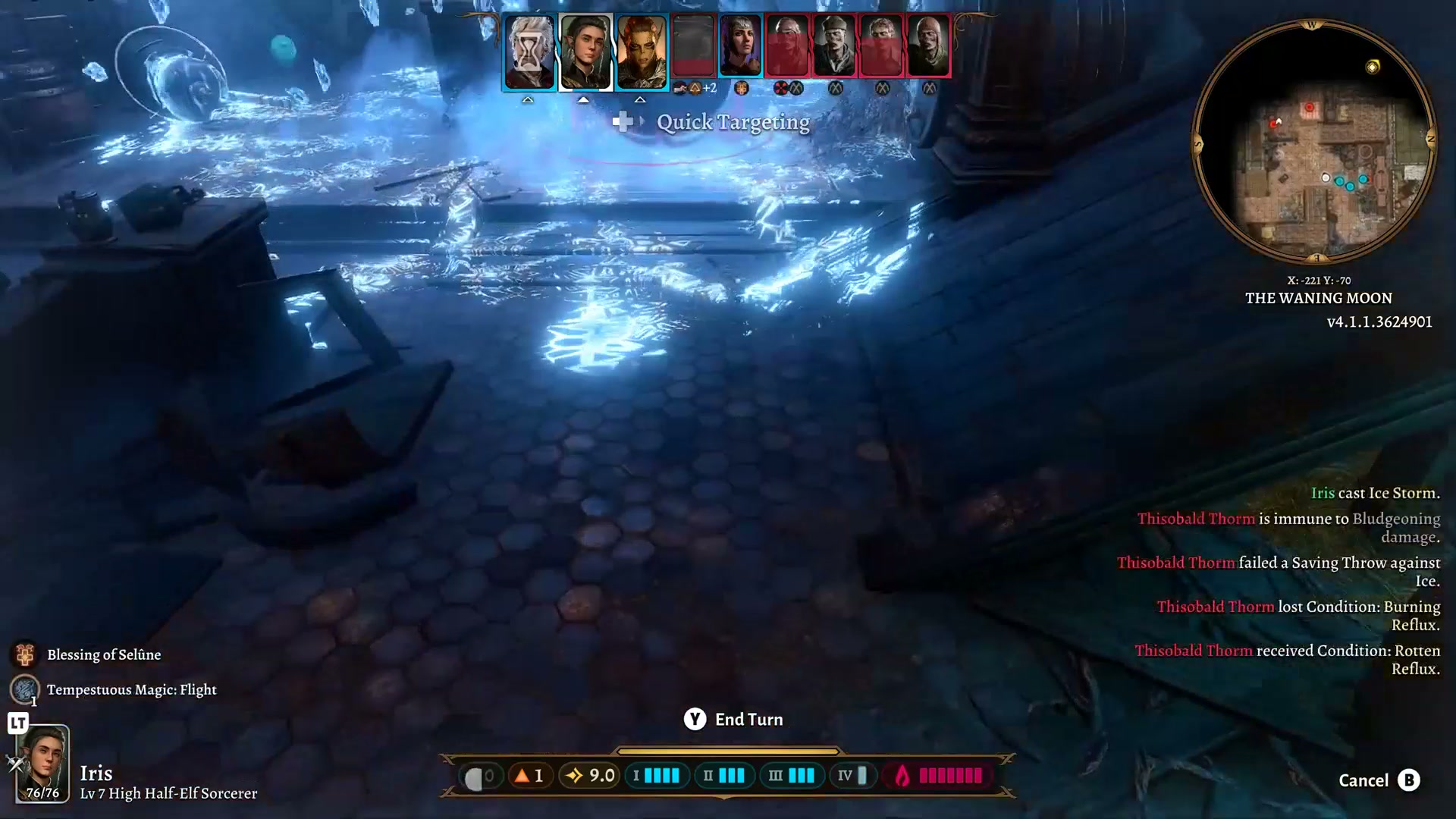 A dark tavern room in Baldur&rsquo;s Gate 3 with the floor covered in bright blue ice