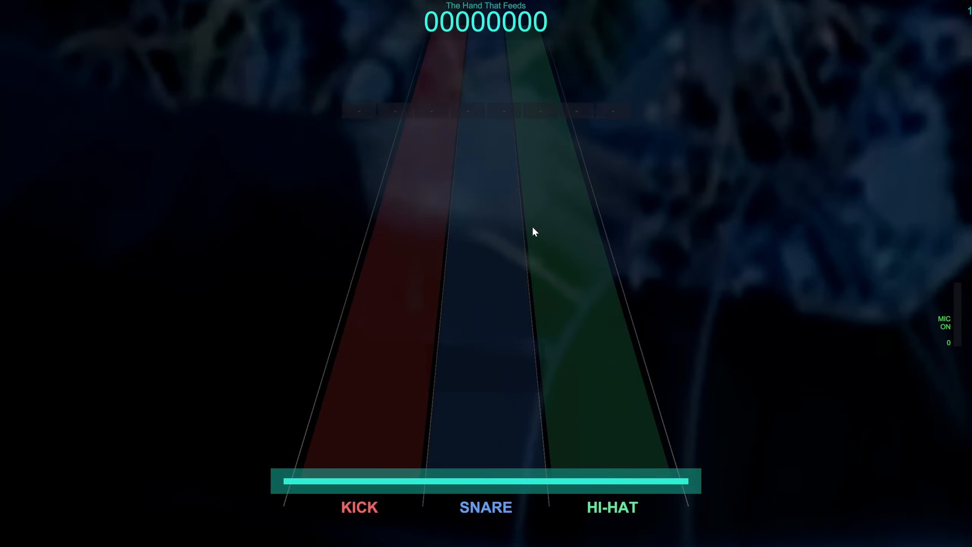 The three empty lanes at the start of a song, labelled KICK, SNARE and HI-HAT, with the score at zero and a MIC ON meter at the right edge