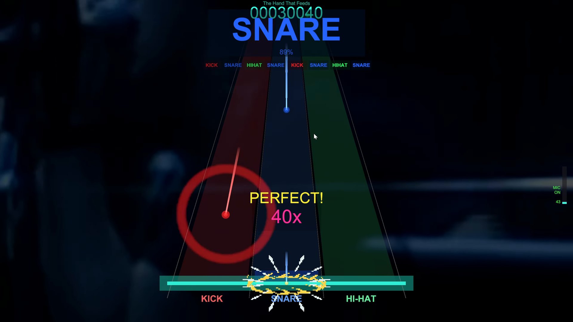 A hit named SNARE across the top of the screen with a confidence figure under it, and the upcoming notes listed in a strip below