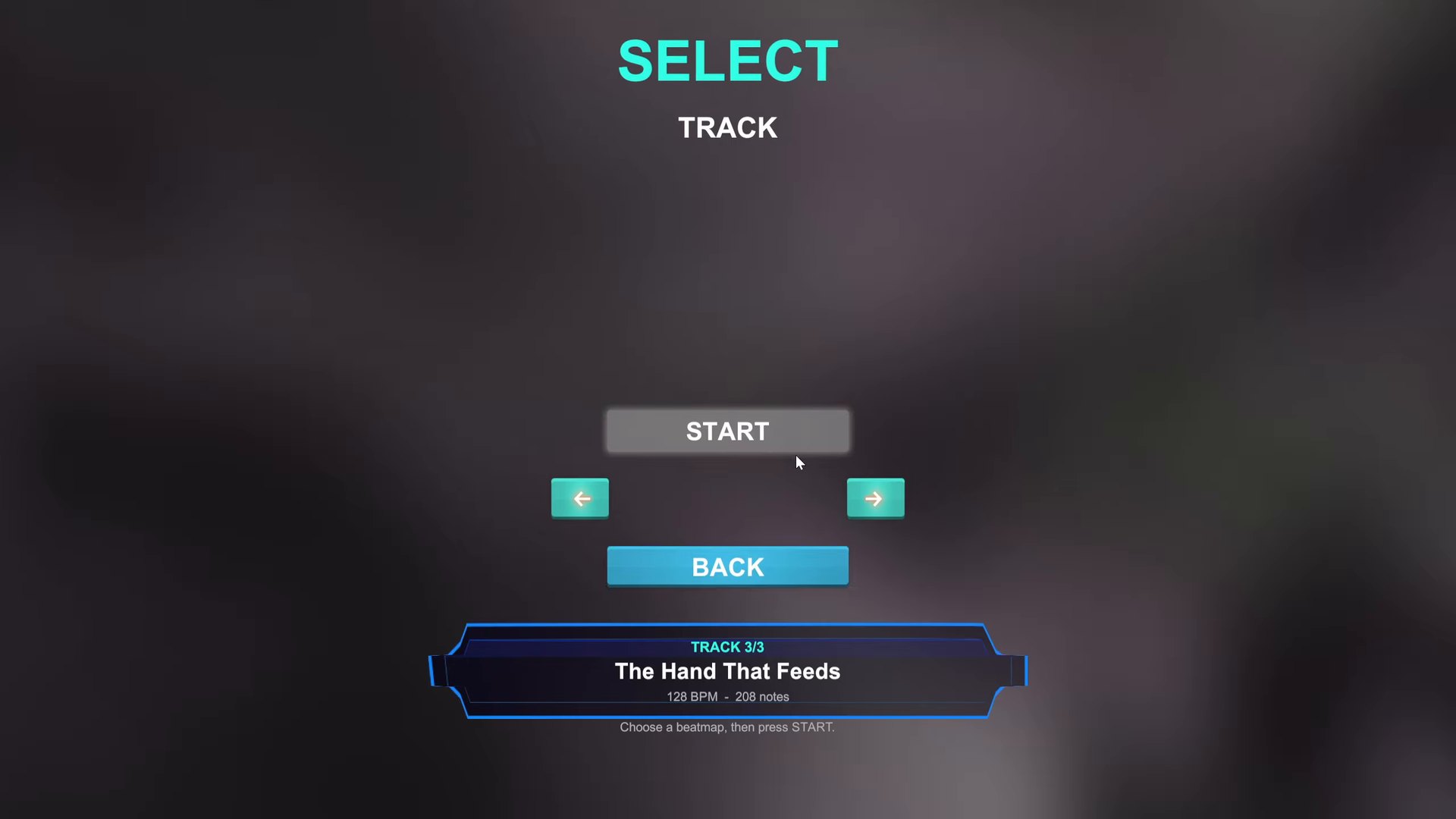 The track select screen with START and BACK buttons, arrows for moving between tracks, and a panel naming the chosen song with its tempo and note count