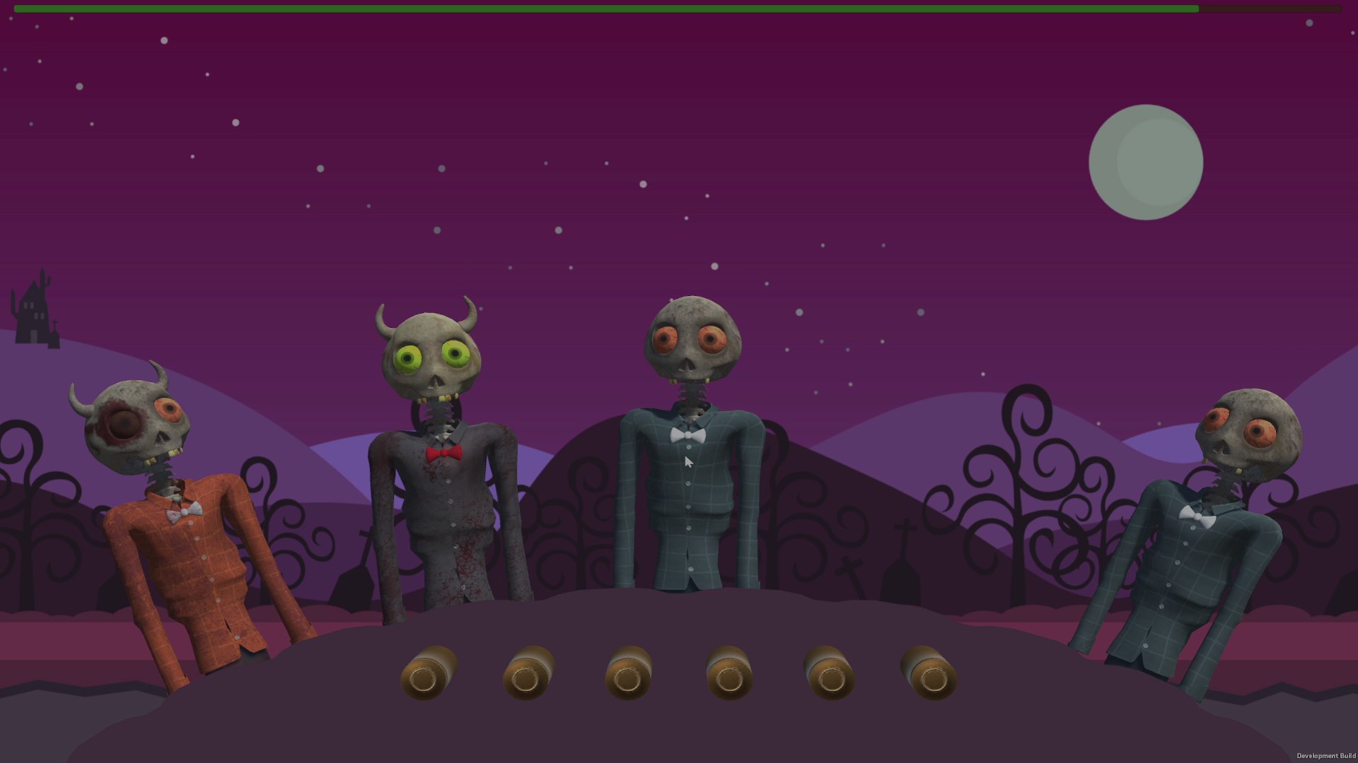 Boney Boogaloo: four skeletons in suits standing along a hill under a moon, with ammunition pickups laid out in front of them