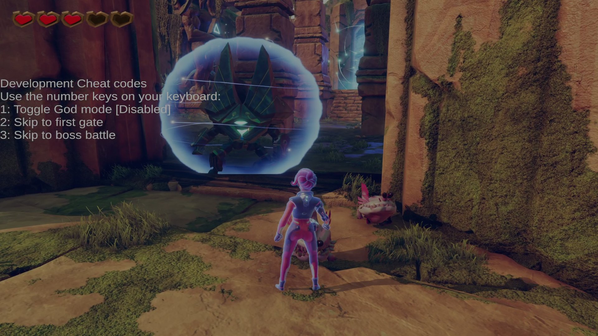 The Ellen scene in Unity: the player character in mossy ruins, with the development HUD on screen